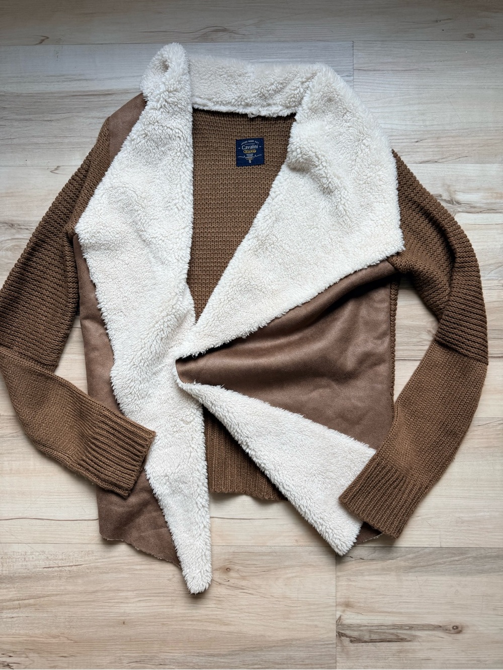 Cavalini Brown Knit Cardigan Sweater Faux Fur Collar Open Front Cozy Chic SizeS